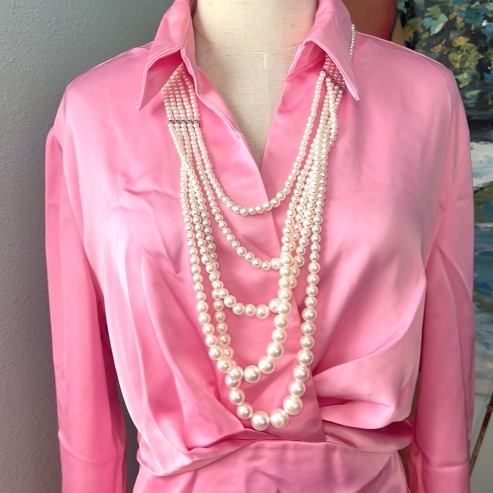 Pink Ripple,Vibrant,Stunner Pink Cross Chest Dress,SideZipper,Grand Lapel,Size M - Picture 10 of 12